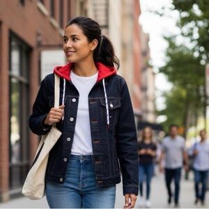 TOMMY HILFIGER UNISEX Dark Denim Jacket with Red Hood SIZE XS NEW